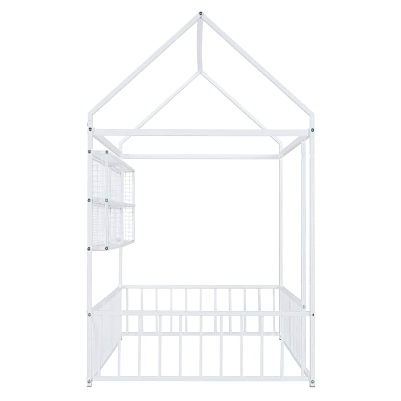 Twin Size Metal Bed House Bed Frame with Fence and Shelves, Black