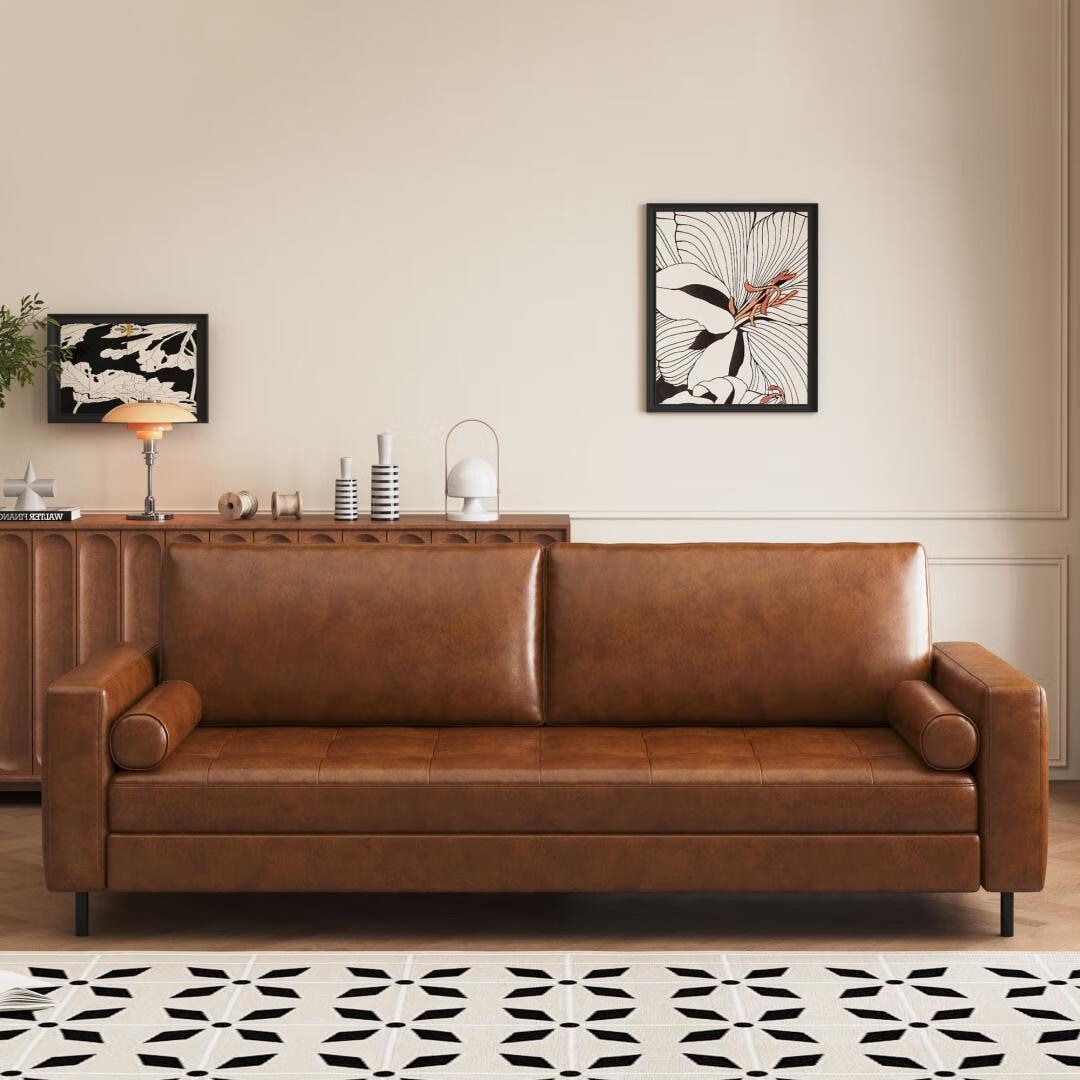 Mid-Century Modern Brown Faux Leather Sofa – 3-Seater Upholstered Couch with Bolster Pillows, Tufted Seat, and Solid Wood Frame