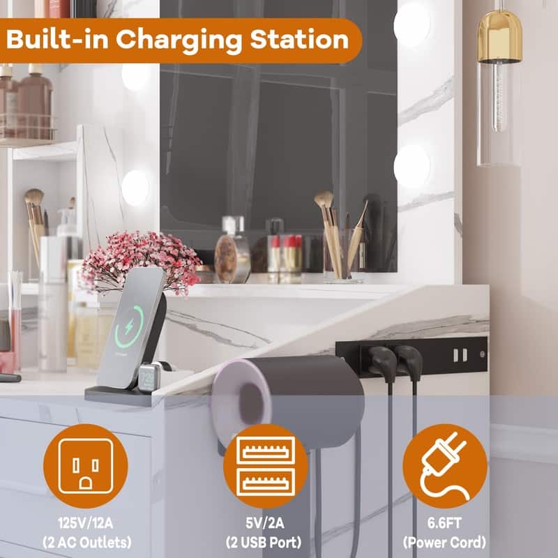 Makeup Vanity Desk with Mirror and Stool, Charging Station, 2 Drawers, 3 Shelves
