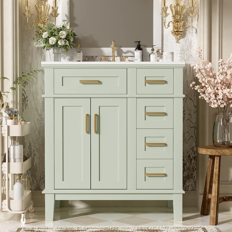 Bathroom Vanity with Ceramic Sink, Single Basin Vanity Set with 3 Drawers, Storage Cabinet with Soft-Close Doors