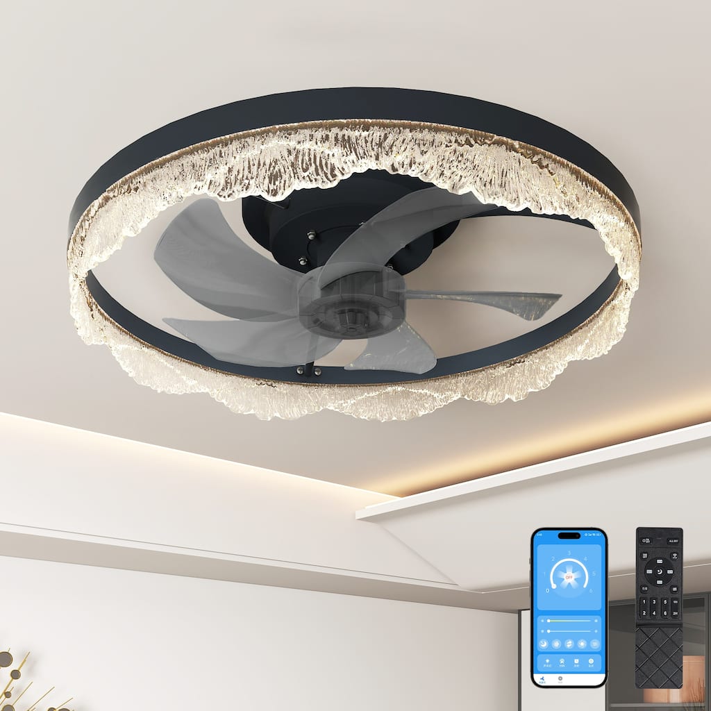 20" Decorative LED Ceiling Fan Light - Modern Flush Mount with Acrylic Ring, Hidden Blades, Remote Control, and Dimmable Light
