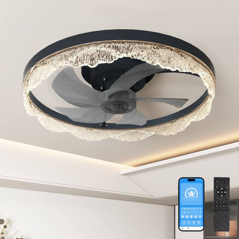 Flush Mount Ceiling Fan with Lights and Remote, 20 Inch Acrylic Light Ring Ceiling Fan Chandelier for Bedroom Living Room