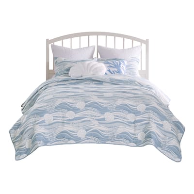 Doz 2pc Twin Size Coverlet Set, Coastal Matelasse, Tidal Blue, White