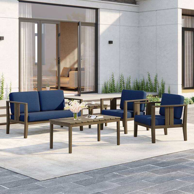 5-Piece Patio Furniture Solid Teak Outdoor Conversation Set - Navy - Naturalframe