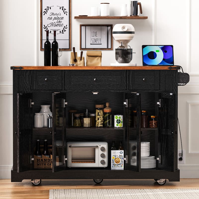 53'' Kitchen Island with Two Tempered Glass Cabinet Doors, Rolling Kitchen Cart on Wheels with Drop Leaf, Power Outlet