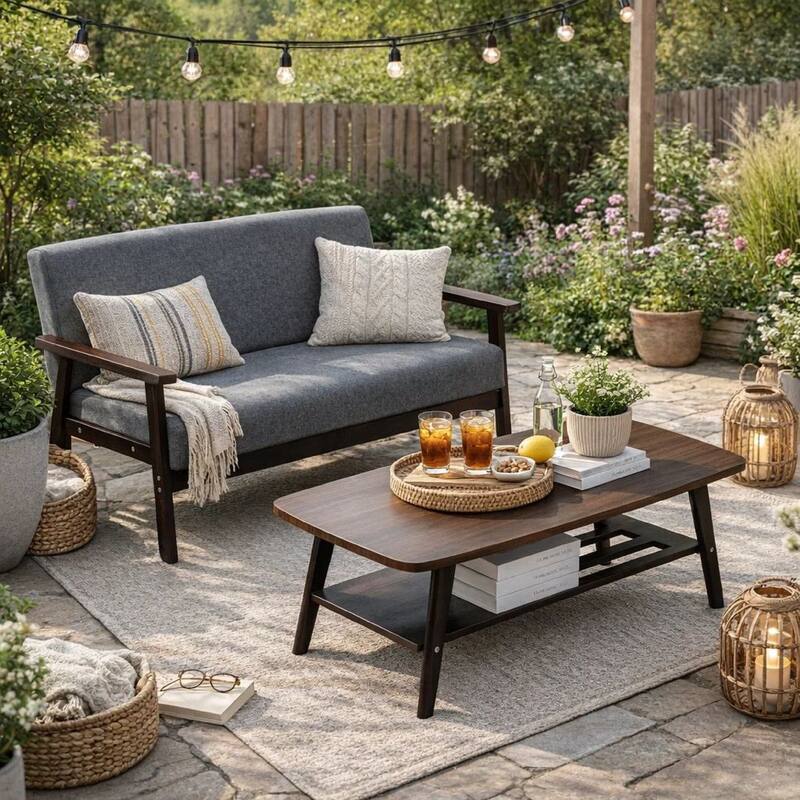 Gala 45, 47 Inch Modern Loveseat and Coffee Table Set, Dark Gray, Brown