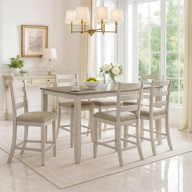 Kemo 7pc Counter Height Dining Table Set, 6 Ladderback Chairs, White Brown