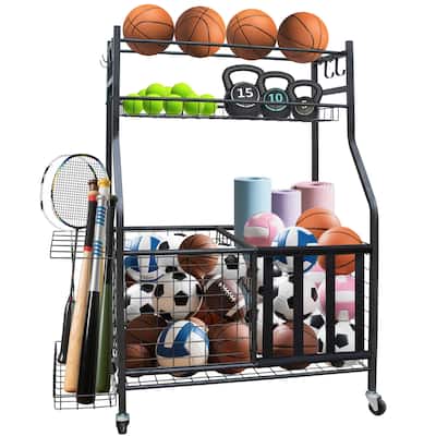 Rolling Sports Equipment Organizer with Wheels, High-Capacity Ball Storage Rack for Indoor & Outdoor Use‌