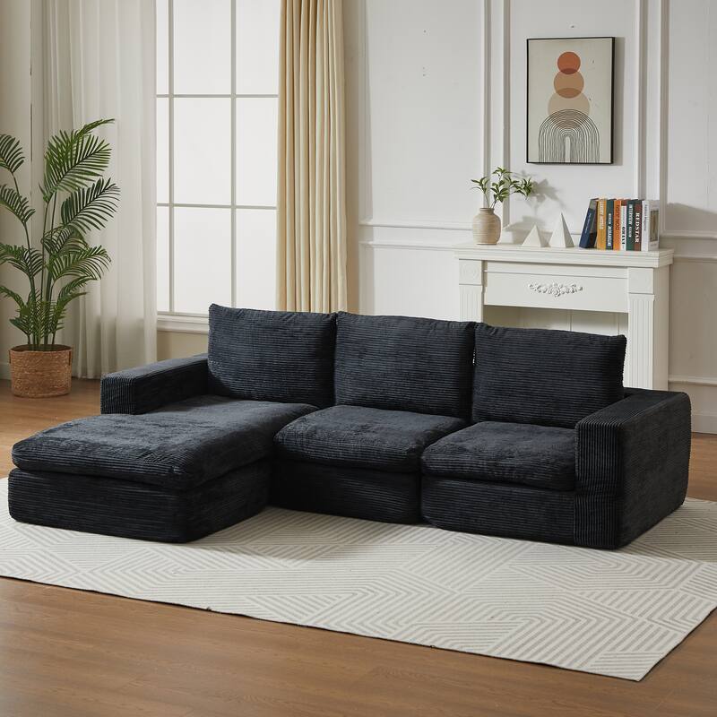 L-Shaped Sectional Sofa with Chaise Lounge, Corduroy Upholstered Boneless Couch, Module Corner Sofa with 3 Pillows