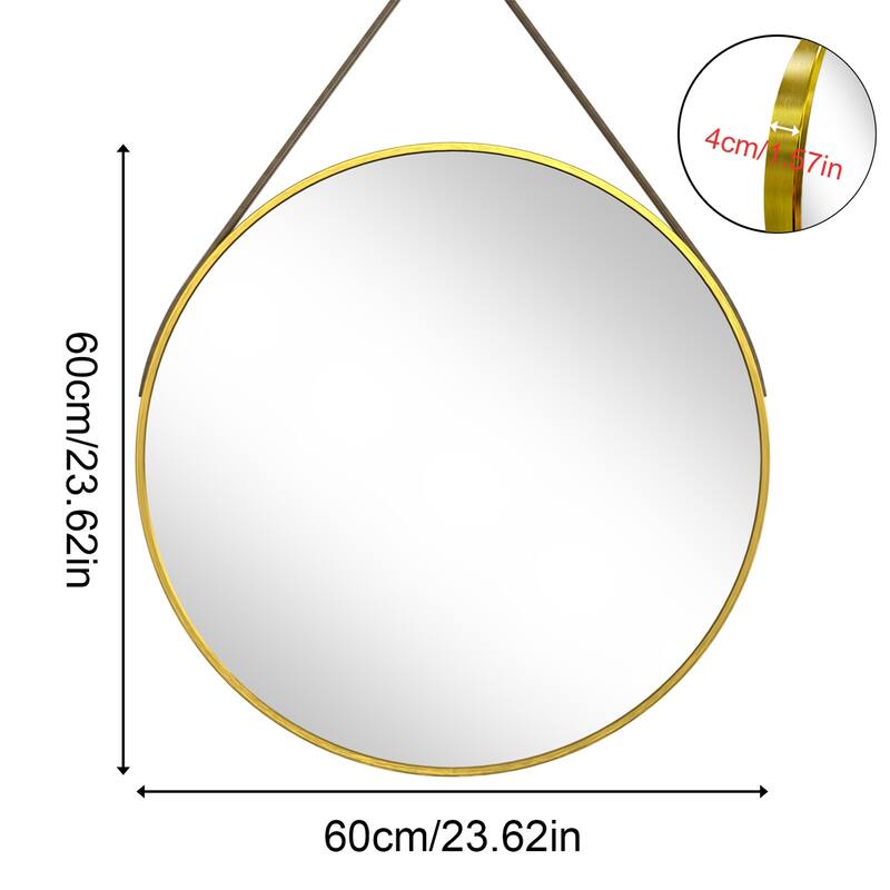Round Wall Hanging Bathroom Vanity Mirror with Leather Strap Black Aluminum Frame
