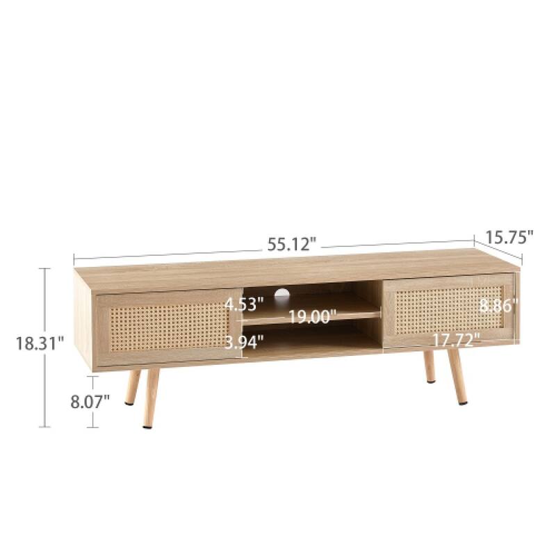 TV Stand For 55 Inch TV Entertainment Center With Adjustable Shelf Rattan TV Console With 2 Sliding Doors For Living Room