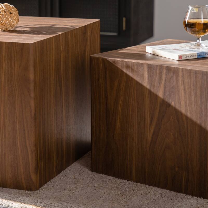 MDF Modern Nesting Imitation Wood Grain Coffee Table, Cube Side Table, Set for Small Space Living Room Bedroom-Set of 2