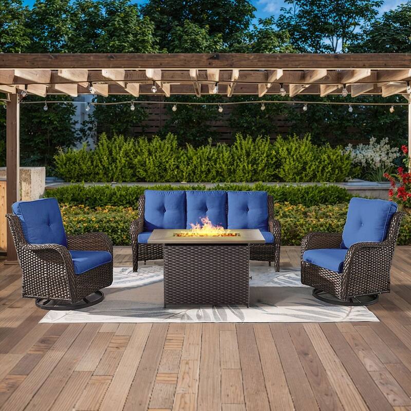 Gymojoy 4-Piece Outdoor Wicker Patio Furniture with Fire Pit Table, Rattan Coversation Set with Water Resistant Thick Cushions - Brown Wicker / Blue Cusion - 4-Piece