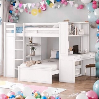 Full size Loft Bed with Twin size Stand-alone bed, Shelves,Desk,and Wardrobe,No Box Spring Required