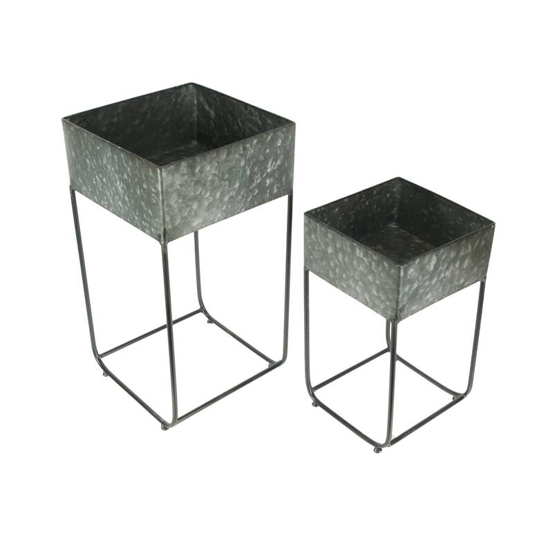 Zeckos Galvanized Metal Square Planters On Stands (Set Of 2) - 17.75 X 9.25 X 9.25 inches