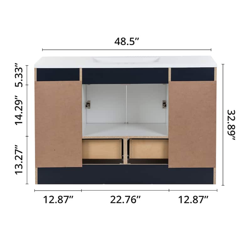 Spring Mill Cabinets Emlyn 48.5" Bathroom Vanity With Shelves, Drawers, and White Sink Top