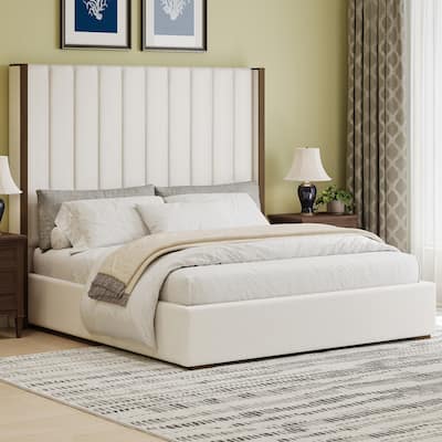 Roomfitters King Size Upholstered Bed, 67.5" Tall Headboard, Wingback, Vertical Stripes, Box Spring Needed