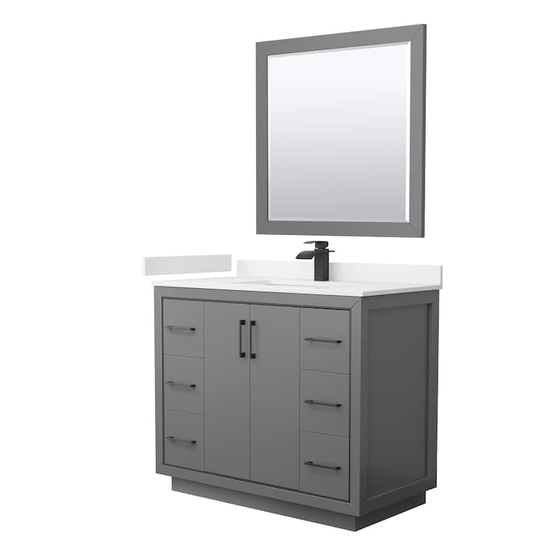 Icon 42-inch Single Vanity, Quartz Top, 34-inch Mirror - Dark Gray, Black Trim, White Quartz Top
