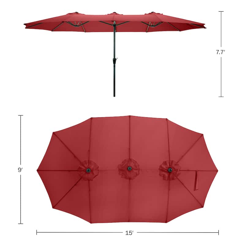 Extra Large Outdoor Umbrella - 15 Ft Double Patio Shade with Easy Hand Crank by Pure Garden (Red)