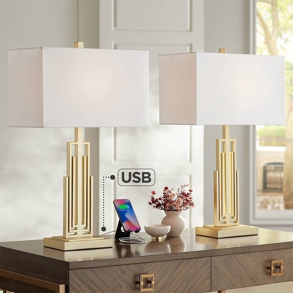 Set of Art Deco Table Lamps with USB Ports Gold Metal White