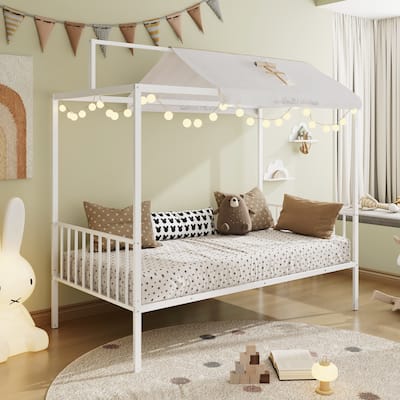 3-in-1 Convertible Montessori Metal floor bed,Fenced toddler bed with Sturdy Metal Slats Support