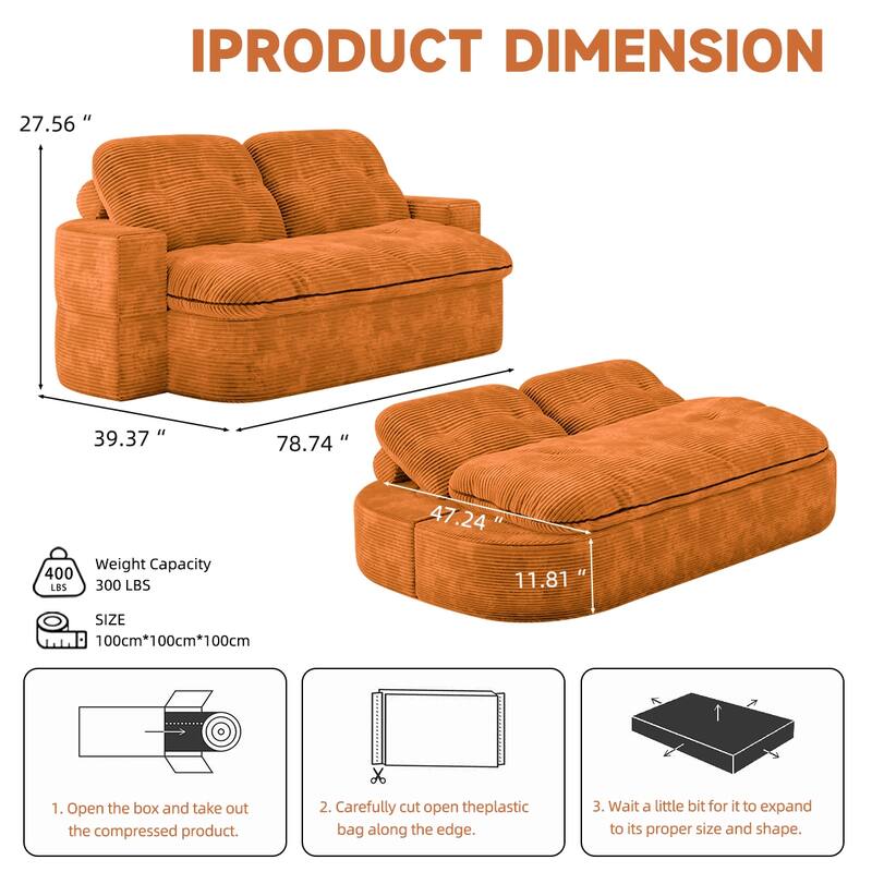Oversized Loveseat Recliner Sofa, 2-in-1 Convertible Floor Sofa Bed, 3-Seat Sleeper Sofa with Adjustable Armrest