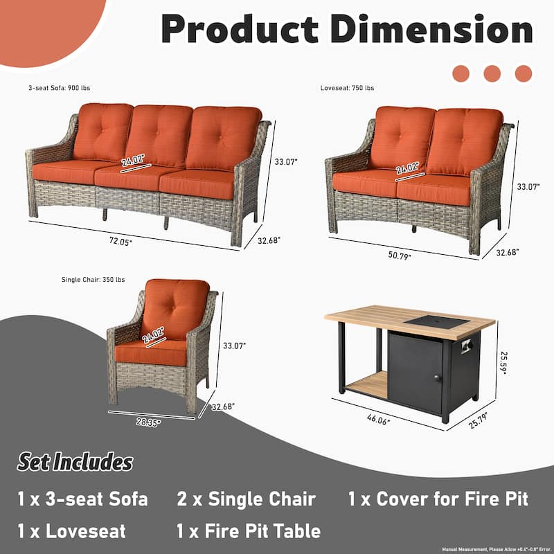 XIZZI 5-piece Patio Furniture Wicker Outdoor High Back Sofa Set with Fire Pit