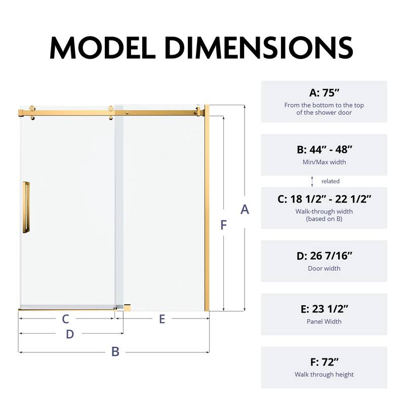 Glassic SI Series 44" - 48" W x 75" H Contemporary Frameless Single Sliding Shower Doors With 3/8" Clear Tempered Glass