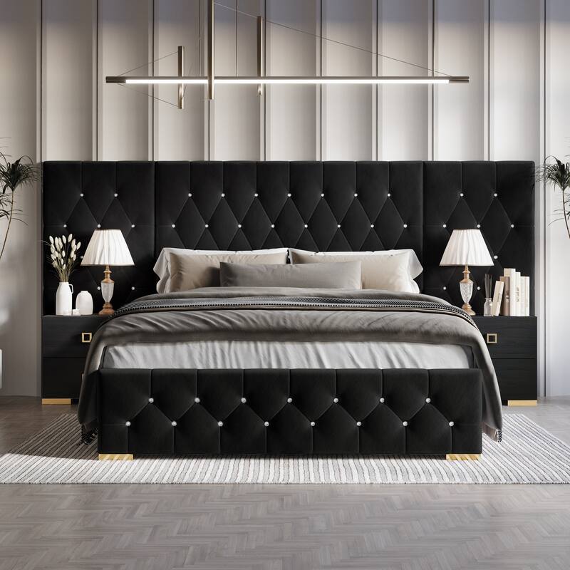 CraftPorch 3 Piece Bedroom Nightstands Set Luxurious Velvet Tufted Platform Bed