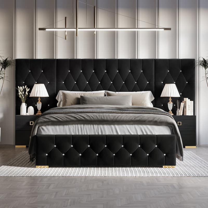 CraftPorch Luxurious Velvet Tufted Platform Bed with Wall Panels