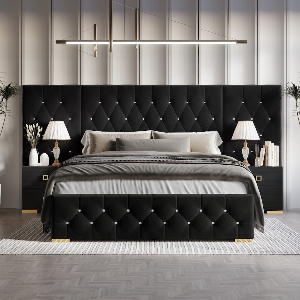 CraftPorch Luxurious Velvet Tufted Platform Bed with Wall Panels