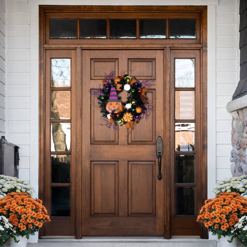 Jack-O-Lantern in Witches Hat Halloween Pine Wreath, 24-Inch, Unlit