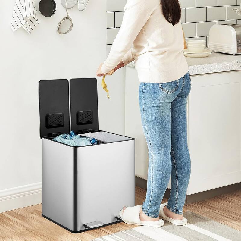2 X 4 Gal Stainless Steel Dual Compartment Step-on Recycling Bin, Trash Can - Silver