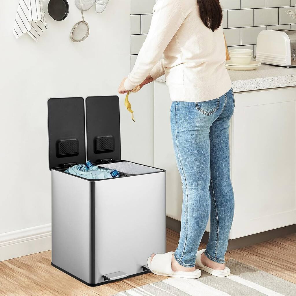 2 X 4 Gal Stainless Steel Dual Compartment Step-on Recycling Bin, Trash Can