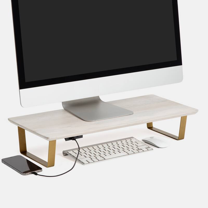 Jani Wood Monitor Stand Riser Desk - Ergonomic Design Stand, Desktop Organizer Table for Home, Office Workspace, Gaming Desk - Off-White