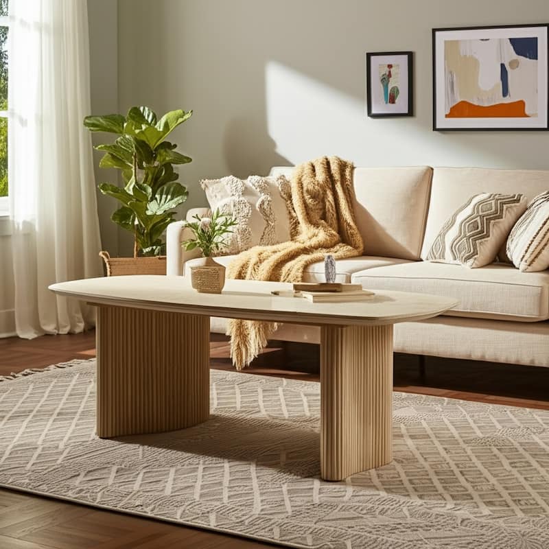 Wood Accent Table Fluted Base Curved Legs Modern Design Sculpted Frame