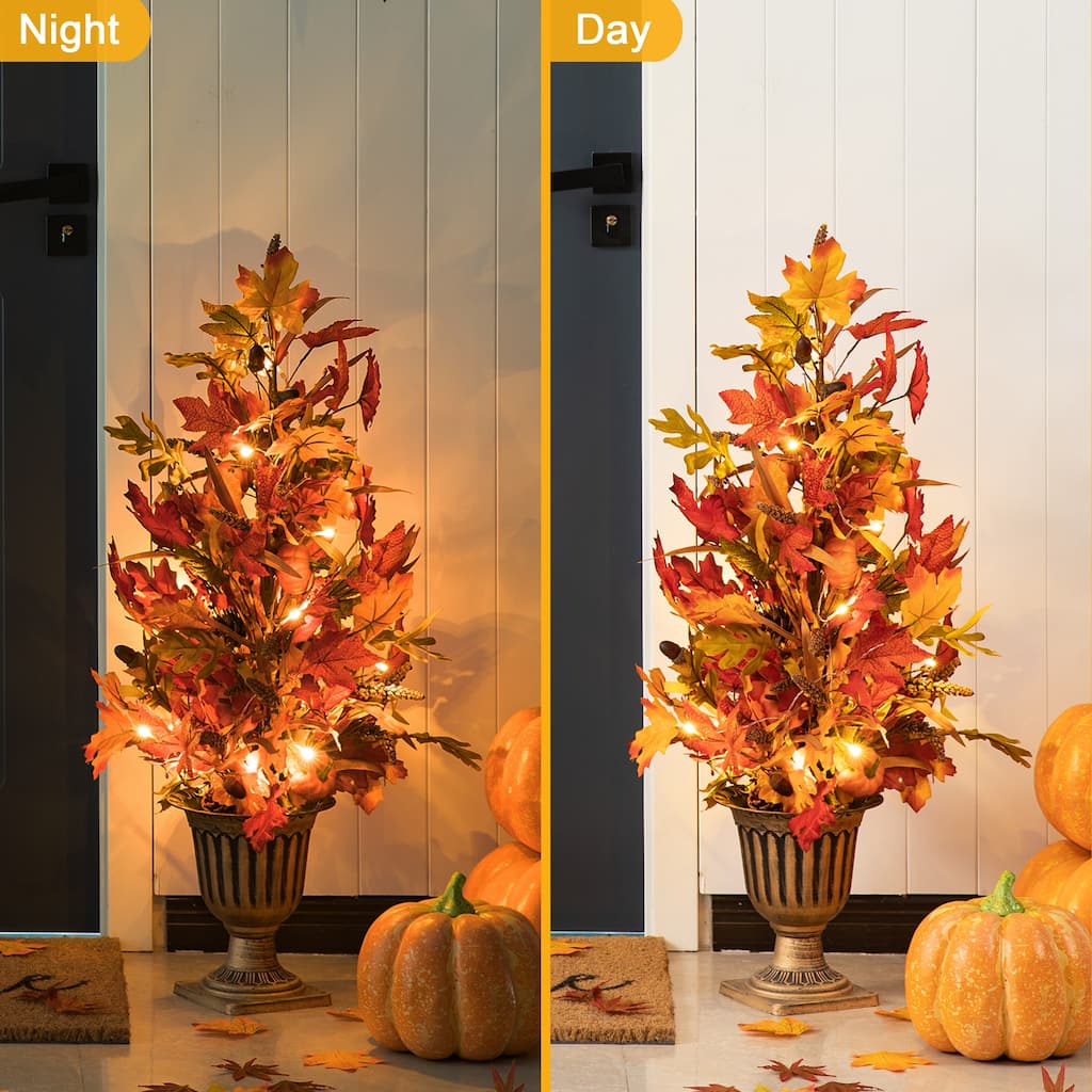 Glitzhome 3FT Fall LED Lighted Maple Leaves Urn Potted Porch Tree with Timer