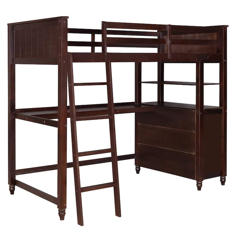 Merax Wooden Twin/Full Loft Bed with Drawers and Desk, Shelves