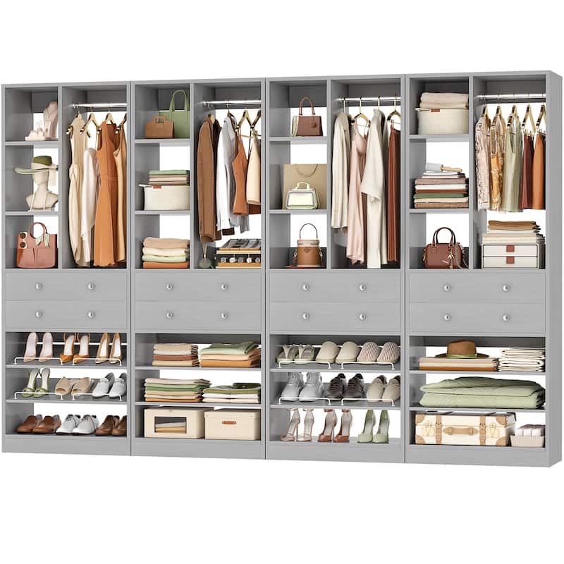 27.7'' Closet Organizer with Shoe Racks and Drawers, Closet System with Hanging Rod and Adjustable Shelves - Grey - 4pcs