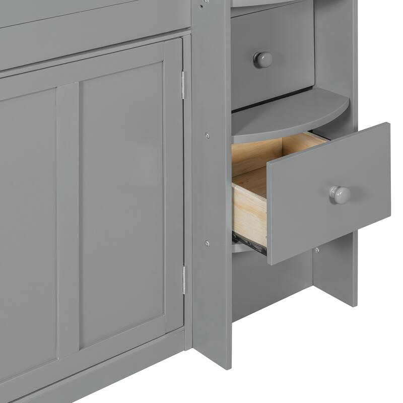 House-Style Kids Loft Bed Frame with Cabinets, Desk, Twin Size Wooden Loft Bed with Safety Guardrail & Storage Ladder