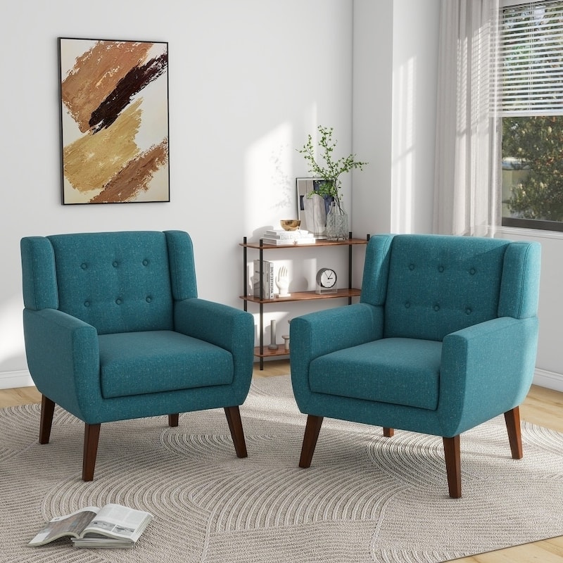 Mid Century Modern Button Tufted Accent Chair with Wood Legs - Set of 2 - Light Blue/Set