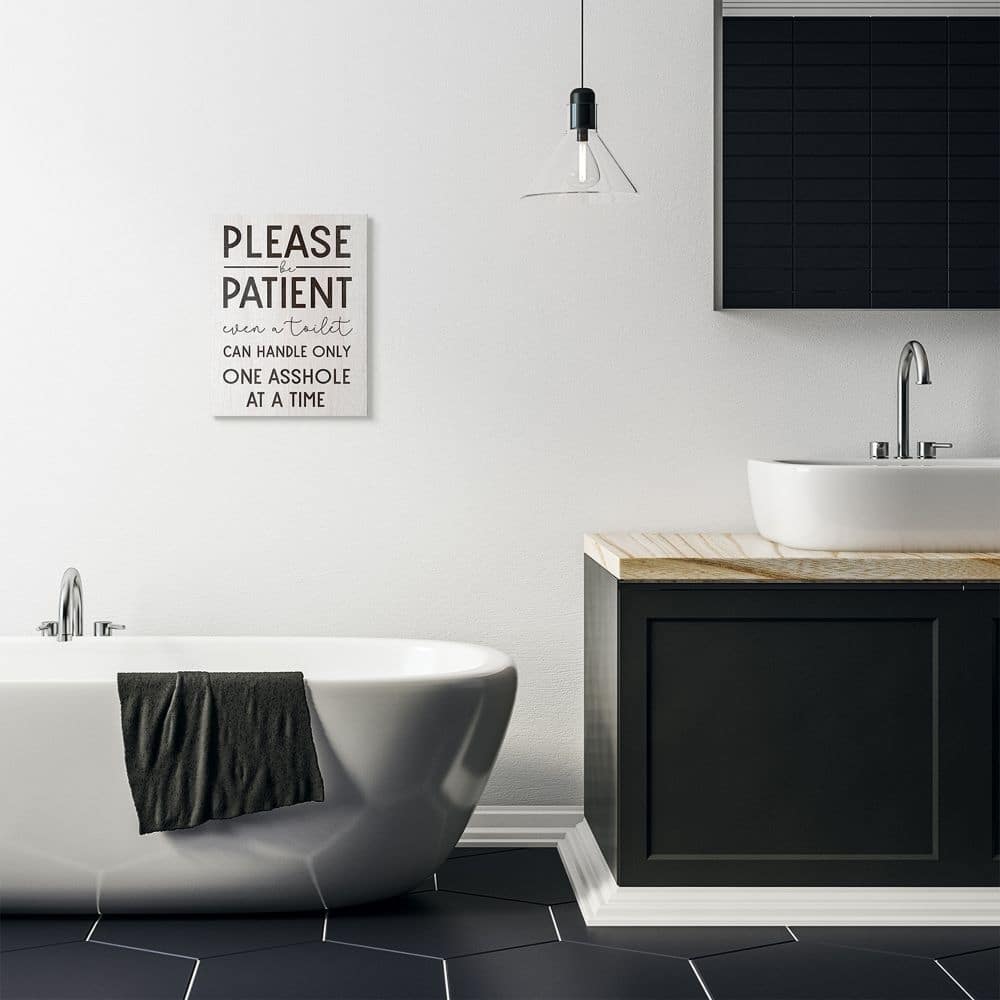 Stupell Please Be Patient Funny Bathroom Wood Texture Word Design Canvas Wall Art, Proudly Made in USA