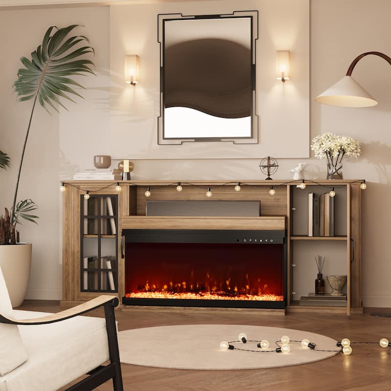 70" Fireplace TV Stand with 3-Sided Glass, ETL Certified, 12 Flame Colors, Realistic Ember Bed, Accommodates TVs up to 80"