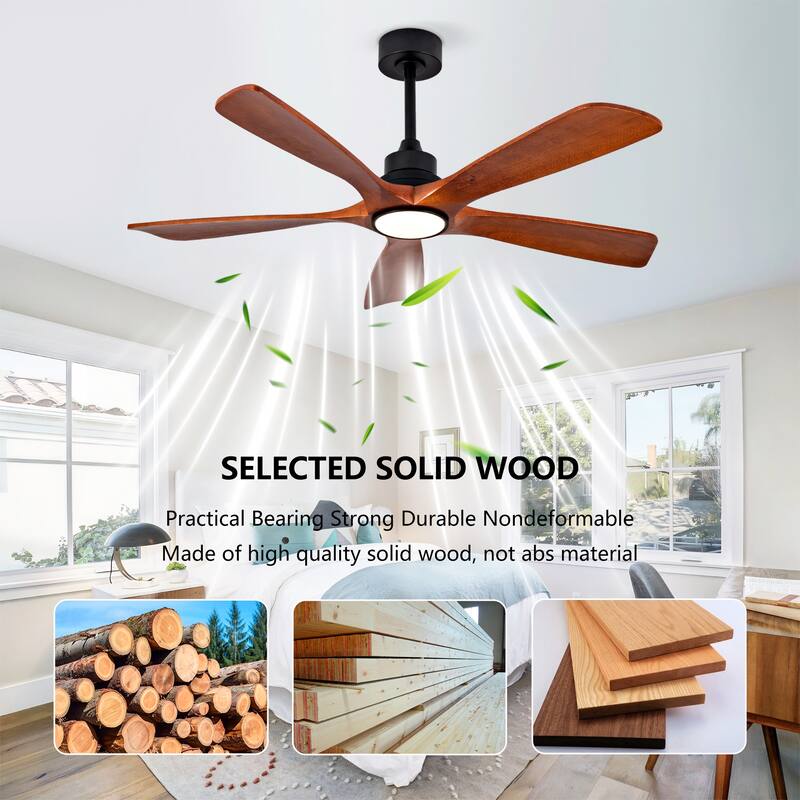 52 Inch Indoor Ceiling Fans With Lights and Remote Control, Dimmable LED, 5 Solid Wood Blades,Reversible DC Motor