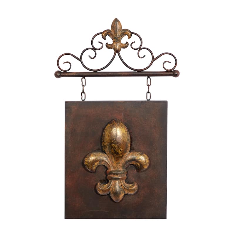 Bronze Metal Suspended Fleur De Lis Home Wall Decor with Scrollwork Hanger