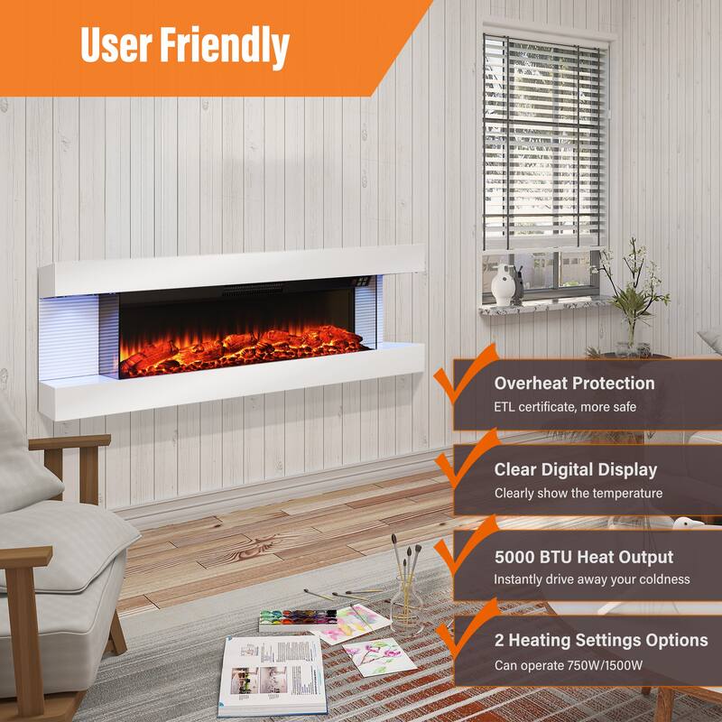 Wall Mounted LED 3-Side Electric Fireplace with Mantel