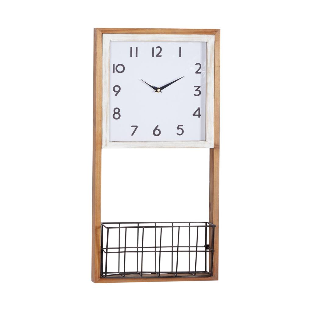 Wood Wall Clock with Basket - Brown - Roche River Decor