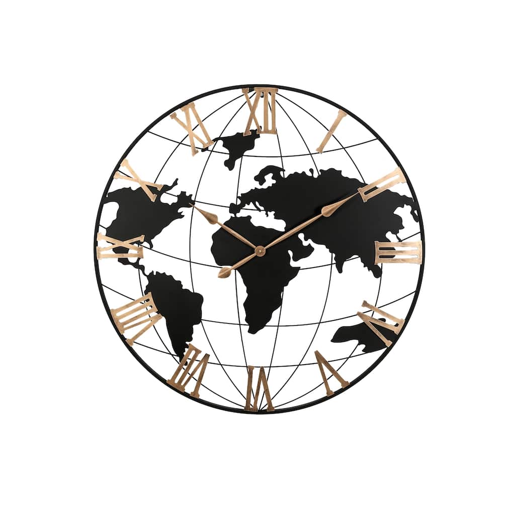 Roomfitters 36" Extra Large Black Metal Wall Clock, Silent World Map Design with Vintage Gold Roman Numerals