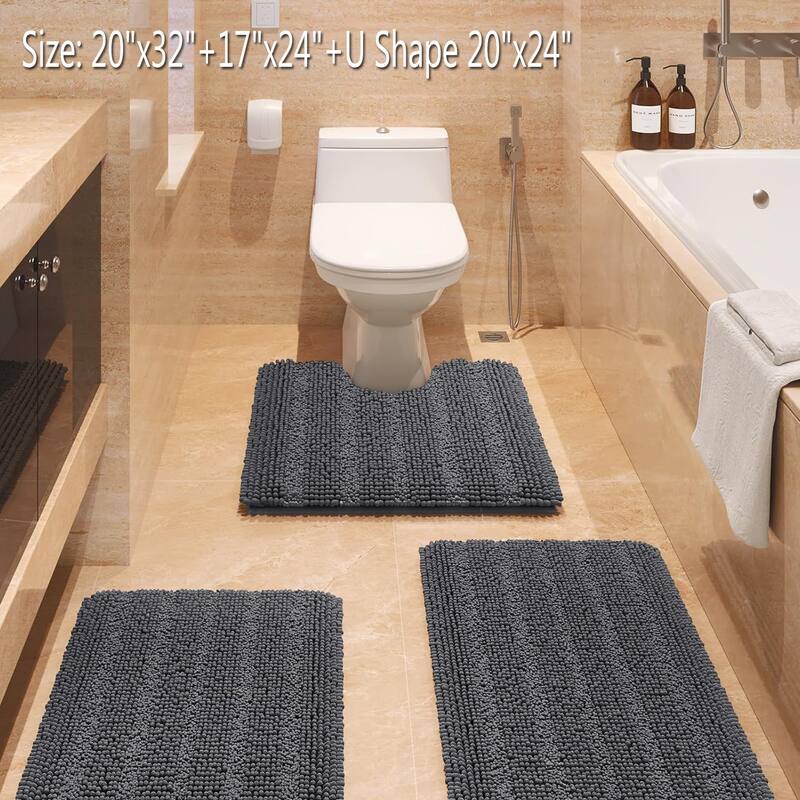 Ultra Soft Striped Non Slip Chenille Bathroom Rug Set 3 Pieces - Dark Gray