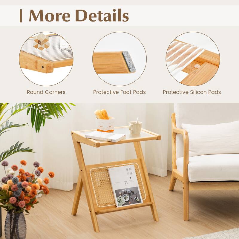 Gymax 2 Pieces Boho End Table with Magazine Rack Versatile Bamboo